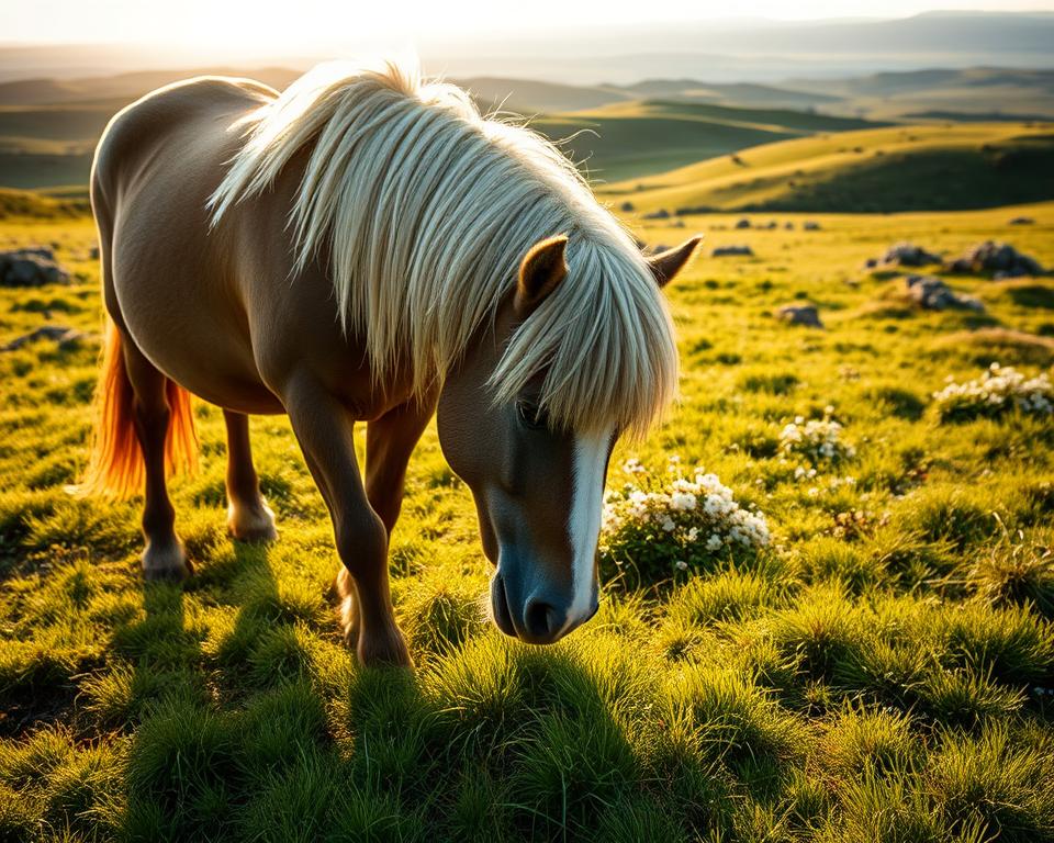 Islandpferd beim Fressen von Raufutter