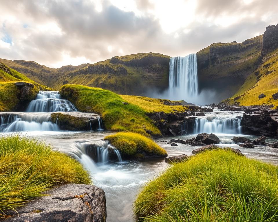 A breathtaking landscape showcasing the Selfoss and Dettifoss waterfalls in Iceland, seamlessly combined. In the foreground, the serene flow of the Selfoss waterfall cascades over smooth, mossy rocks, creating soft white spray, while vibrant green grasses frame the scene. In the middle ground, the powerful Dettifoss waterfall thunders down with dramatic force, surrounded by rugged cliffs and dark volcanic rock. The background features a cloudy sky with sunrays breaking through, casting a golden hue over the landscape. Capture this scene from a low angle to emphasize the grandeur of the waterfalls, and use a wide-angle lens to encompass the vastness of the area. The mood is awe-inspiring and tranquil, with a hint of adventure in the air.