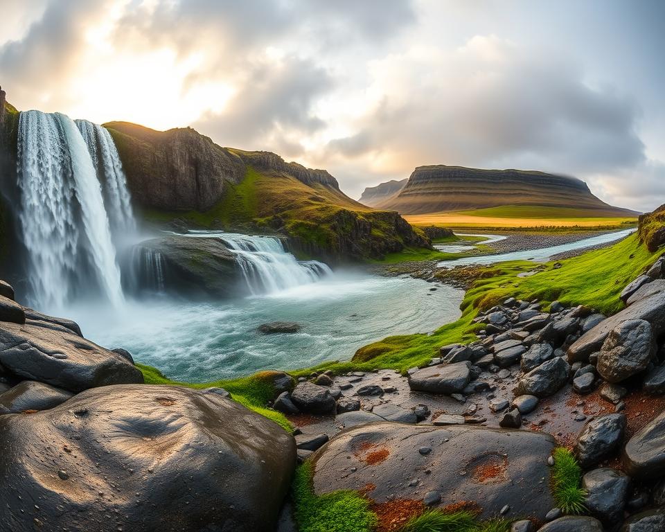 A breathtaking panorama of the Selfoss waterfall in Iceland, capturing its majestic cascade as it plunges dramatically into the river below. In the foreground, smooth stones glisten with droplets from the falling water, while lush green moss outlines the rocky banks. The middle ground features the waterfall itself, foam and mist rising elegantly into the air, illuminated by soft, golden sunlight peeking through gray clouds. In the background, rugged cliffs rise steeply, framing the waterfall while distant greenery adds depth to the scene. The mood is tranquil yet powerful, evoking a sense of awe. The composition is shot with a wide-angle lens to emphasize the vastness and scale of the landscape, creating an enchanting, inviting atmosphere that draws viewers in.