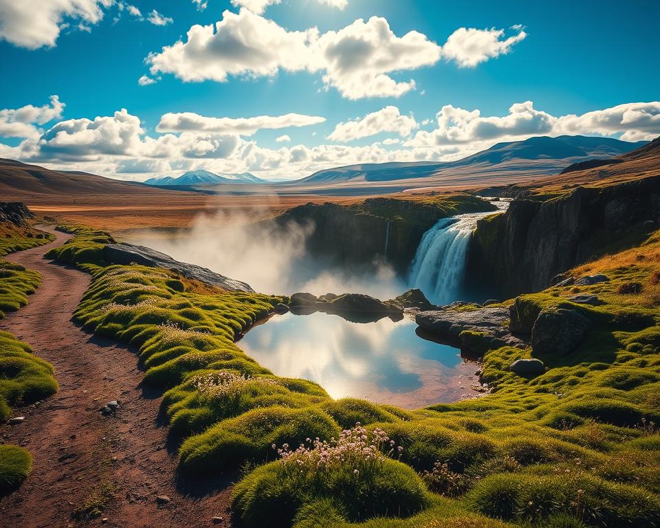 A breathtaking scene depicting the Golden Circle in Iceland, showcasing hidden gems and lesser-known attractions. In the foreground, a winding path leads to a serene geothermal hot spring, surrounded by lush, green moss and delicate wildflowers. The middle ground features a waterfall cascading over rugged rocks, with mist rising up to catch the sunlight, creating a magical, ethereal atmosphere. In the background, rolling hills fade into distant snow-capped mountains beneath a vibrant, blue sky scattered with white fluffy clouds. The lighting is warm and inviting, reminiscent of a late afternoon glow, enhancing the natural beauty. The mood is tranquil and adventurous, inviting exploration of the stunning landscape. No people are included in this image. A breathtaking scene depicting the Golden Circle in Iceland, showcasing hidden gems and lesser-known attractions. In the foreground, a winding path leads to a serene geothermal hot spring, surrounded by lush, green moss and delicate wildflowers. The middle ground features a waterfall cascading over rugged rocks, with mist rising up to catch the sunlight, creating a magical, ethereal atmosphere. In the background, rolling hills fade into distant snow-capped mountains beneath a vibrant, blue sky scattered with white fluffy clouds. The lighting is warm and inviting, reminiscent of a late afternoon glow, enhancing the natural beauty. The mood is tranquil and adventurous, inviting exploration of the stunning landscape. No people are included in this image.