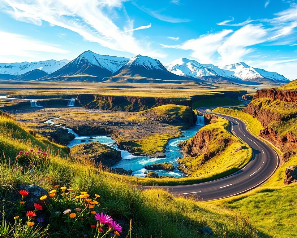 A breathtaking view of Iceland's Ring Road, showcasing a winding highway that curves gracefully through dramatic landscapes. In the foreground, vibrant wildflowers and lush green grass frame the road, while a crystal-clear river glimmers in the sunlight. The middle ground features unique volcanic rock formations and cascading waterfalls, emphasizing the rugged beauty of the terrain. In the background, majestic snow-capped mountains rise under a bright blue sky with wispy clouds, adding depth to the scene. The lighting is soft and golden, suggesting early morning or late afternoon, creating a serene and inviting atmosphere. The image captures the essence of Icelandic nature, making it a perfect visual representation of an unforgettable road trip experience.