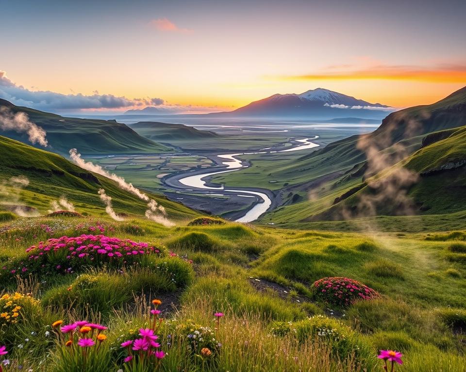 A breathtaking view of Reykjadalur Fotospots during the golden hour, showcasing a lush green landscape with gently rolling hills in the foreground. The scene is framed by vibrant wildflowers and natural geothermal steam rising from the hot springs, creating a mystical atmosphere. In the middle ground, a winding river glimmers in the soft light, its clear waters contrasting with the earthy tones of the surrounding soil. The distant mountains, partially shrouded in light fog, add depth to the background, while the sky is painted in warm hues of orange and pink, enhancing the serene mood. Capture the scene from a low angle to emphasize the beauty of the natural textures and vibrant colors, as if inviting viewers to step into this captivating natural wonder.