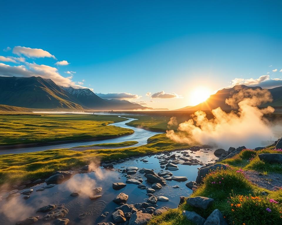 A breathtaking view of Reykjadalur during the optimal travel season, showcasing the stunning thermal river meandering through lush green valleys. In the foreground, gentle steam rises from the thermal waters, creating a mystical ambiance. The middle ground reveals natural hot springs surrounded by smooth stones and vibrant wildflowers. In the background, majestic mountains stand tall under a bright blue sky, with soft, fluffy clouds drifting lazily. The lighting is warm and inviting, capturing the golden glow of the sun setting over the landscape, enhancing the colors of the scenery. This serene atmosphere invites viewers to experience the natural beauty of Reykjadalur, emphasizing its allure during the best times to visit.