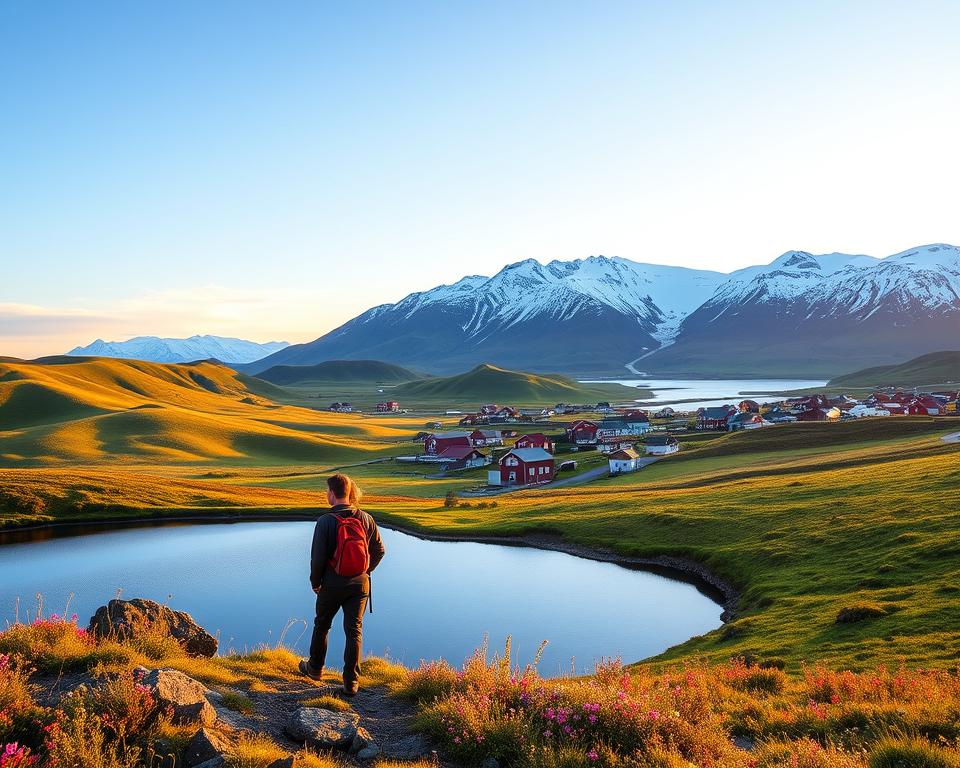 A breathtaking view of Siglufjörður, Iceland, during the golden hour of sunset. In the foreground, a serene lake reflects the vibrant colors of the sky, with a couple of hikers marveling at the view, dressed in modest outdoor clothing. The middle ground showcases a lush landscape with rolling green hills and vibrant wildflowers leading to the charming village with colorful wooden houses. In the background, the majestic snow-capped mountains loom under a clear blue sky, hinting at winter activities. Soft, warm lighting enhances the scene, creating a tranquil and inviting atmosphere. Capture this picturesque setting with a wide-angle perspective to emphasize the vast beauty of the Icelandic nature. A breathtaking view of Siglufjörður, Iceland, during the golden hour of sunset. In the foreground, a serene lake reflects the vibrant colors of the sky, with a couple of hikers marveling at the view, dressed in modest outdoor clothing. The middle ground showcases a lush landscape with rolling green hills and vibrant wildflowers leading to the charming village with colorful wooden houses. In the background, the majestic snow-capped mountains loom under a clear blue sky, hinting at winter activities. Soft, warm lighting enhances the scene, creating a tranquil and inviting atmosphere. Capture this picturesque setting with a wide-angle perspective to emphasize the vast beauty of the Icelandic nature.