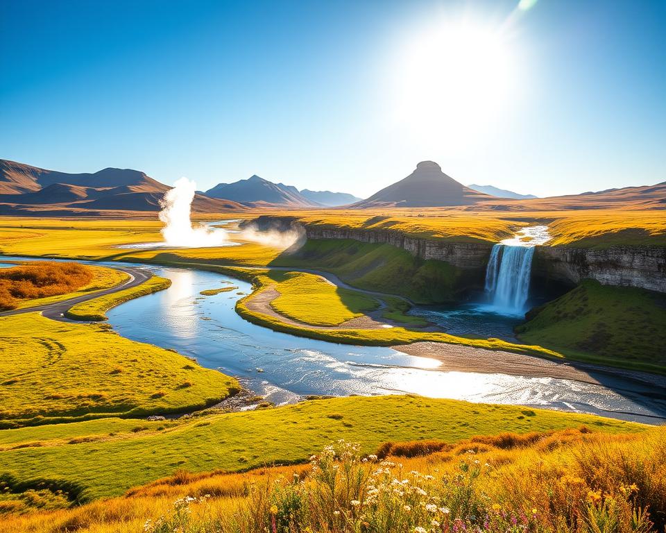 A breathtaking view of the Golden Circle in Iceland during the best travel season, portraying vibrant green landscapes interspersed with patches of golden autumn foliage. In the foreground, a softly meandering river reflecting the clear blue sky, bordered by wildflowers. The middle ground showcases iconic geological formations, including the Geysir geothermal area with spouting geysers, and the majestic Gullfoss waterfall cascading down rocky cliffs. In the background, the rugged peaks of Icelandic mountains loom under a brilliant sun, creating a warm, inviting atmosphere. The lighting is soft and golden, resembling a late afternoon glow, enhancing the tranquil mood of the scene. The angle captures a sweeping panorama that invites viewers to imagine their journey along this enchanting route, ideal for a road trip. A breathtaking view of the Golden Circle in Iceland during the best travel season, portraying vibrant green landscapes interspersed with patches of golden autumn foliage. In the foreground, a softly meandering river reflecting the clear blue sky, bordered by wildflowers. The middle ground showcases iconic geological formations, including the Geysir geothermal area with spouting geysers, and the majestic Gullfoss waterfall cascading down rocky cliffs. In the background, the rugged peaks of Icelandic mountains loom under a brilliant sun, creating a warm, inviting atmosphere. The lighting is soft and golden, resembling a late afternoon glow, enhancing the tranquil mood of the scene. The angle captures a sweeping panorama that invites viewers to imagine their journey along this enchanting route, ideal for a road trip.