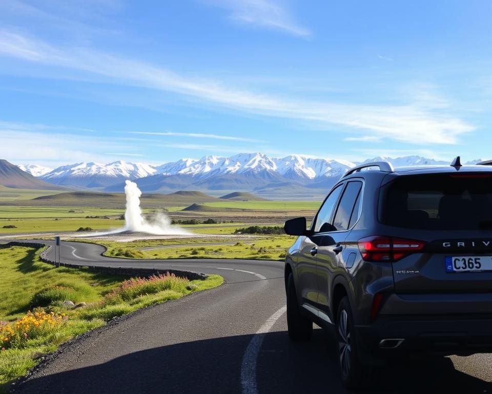 A captivating view of Iceland's Golden Circle, showcasing the stunning landscapes ideal for a self-driving adventure. In the foreground, a modern SUV parked on a winding road, highlighting the thrill of exploration. The middle ground features the iconic geysers spouting steam, surrounded by lush green fields and vibrant wildflowers. In the background, majestic snow-capped mountains under a clear blue sky, with soft, diffused sunlight casting gentle shadows. The atmosphere is serene yet adventurous, inviting the viewer to imagine their journey. Capture the entire scene from a slightly elevated angle to emphasize the contrast between the vehicle and the breathtaking nature, evoking a sense of freedom and discovery. A captivating view of Iceland's Golden Circle, showcasing the stunning landscapes ideal for a self-driving adventure. In the foreground, a modern SUV parked on a winding road, highlighting the thrill of exploration. The middle ground features the iconic geysers spouting steam, surrounded by lush green fields and vibrant wildflowers. In the background, majestic snow-capped mountains under a clear blue sky, with soft, diffused sunlight casting gentle shadows. The atmosphere is serene yet adventurous, inviting the viewer to imagine their journey. Capture the entire scene from a slightly elevated angle to emphasize the contrast between the vehicle and the breathtaking nature, evoking a sense of freedom and discovery.