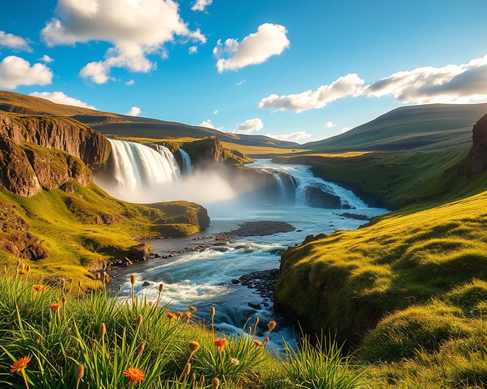 A captivating view of the Selfoss waterfall in Iceland during the peak travel season of summer. In the foreground, lush green grass and wildflowers frame the base of the waterfall, creating a vibrant contrast to the rushing water. The middle ground features the majestic Selfoss waterfall cascading powerfully into a rocky riverbed, with mist rising and catching the warm sunlight. In the background, dramatic cliffs and verdant hills stretch under a clear blue sky, dotted with fluffy white clouds. The lighting is soft and golden, evoking a serene and inviting atmosphere. The image captures the essence of the ideal time to visit, inviting viewers to envision themselves in this breathtaking natural landscape, harmoniously blending the wild beauty of Iceland with the tranquility of summer.