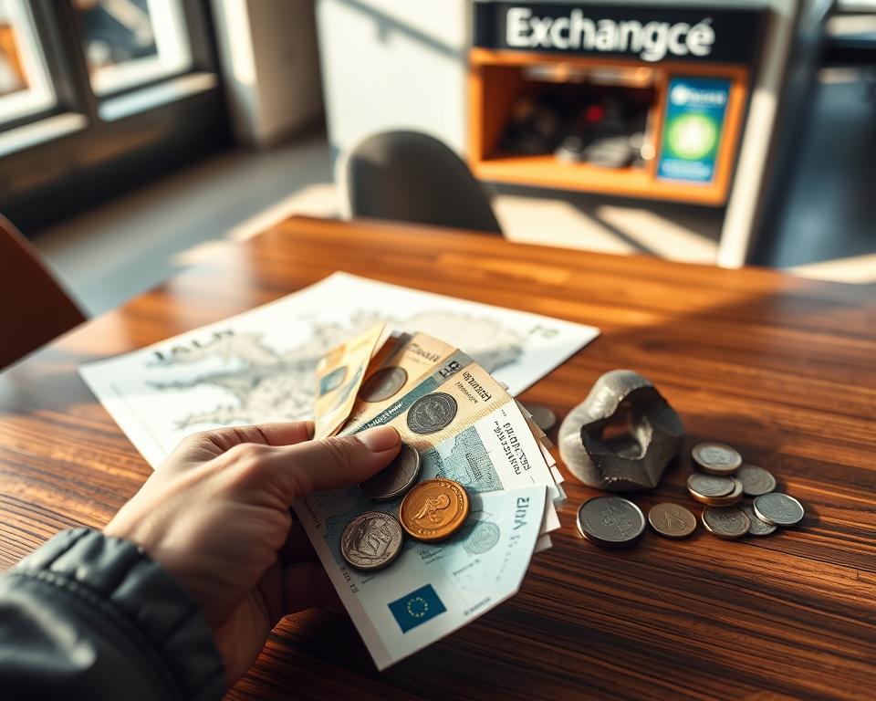 A close-up view of Icelandic banknotes and coins, artfully arranged on a stylish wooden table. In the foreground, a hand, casually dressed, holds a handful of currency, showcasing various denominations of the Icelandic Króna (ISK). In the middle, an intricate map of Iceland is partially visible, emphasizing travel themes. In the background, a soft-focus view of a currency exchange kiosk with warm lighting creates a welcoming atmosphere. The image captures a sense of thoughtful consideration, as if the traveler is pondering how to manage remaining cash after a journey. Natural light filters in from a nearby window, casting gentle shadows, adding depth to the scene.