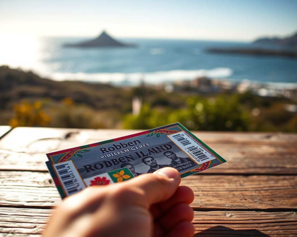 A close-up view of two stylish Robben Island tickets, beautifully designed with vibrant colors and intricate patterns, resting on a rustic wooden table. In the background, softly blurred, a scenic ocean view of Robben Island under a bright blue sky, casting warm sunlight on the tickets. The tickets feature iconic imagery of the island, such as the prison building and native flora. The foreground showcases a hand reaching for the tickets, indicating a sense of anticipation and excitement for a visit. The atmosphere conveys a sense of adventure and historical discovery, inviting viewers to explore the legacy of the island. Use natural lighting for a warm, inviting feel, and a slight tilt on the angle to emphasize depth.