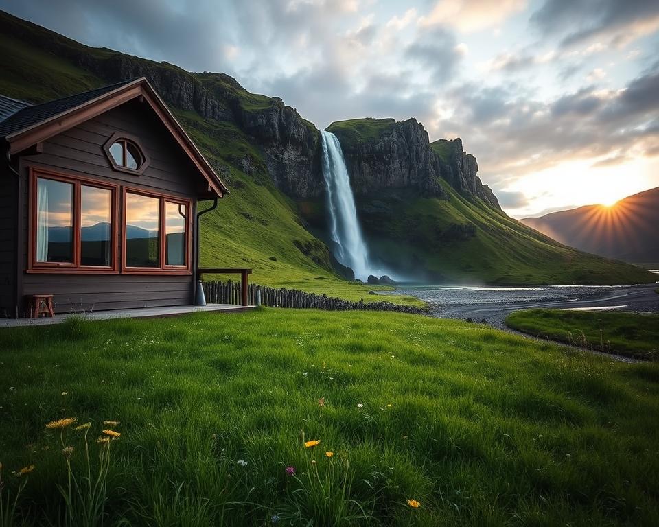 A cozy accommodation site near the Seljalandsfoss waterfall, featuring a charming guesthouse with large windows and a welcoming porch in the foreground. The middle ground showcases lush green grass and wildflowers, reflecting the vibrant Icelandic landscape. In the background, the majestic Seljalandsfoss waterfall cascades down steep rocky cliffs, surrounded by verdant hills and a dramatic sky, showcasing a subtle play of light during sunset, casting a warm golden glow. The atmosphere is serene and inviting, evoking a sense of tranquility and exploration. Capture this scene from a slightly elevated angle, creating depth and inviting viewers to envision their stay in this picturesque location. No people present, emphasizing the beauty of the surroundings.