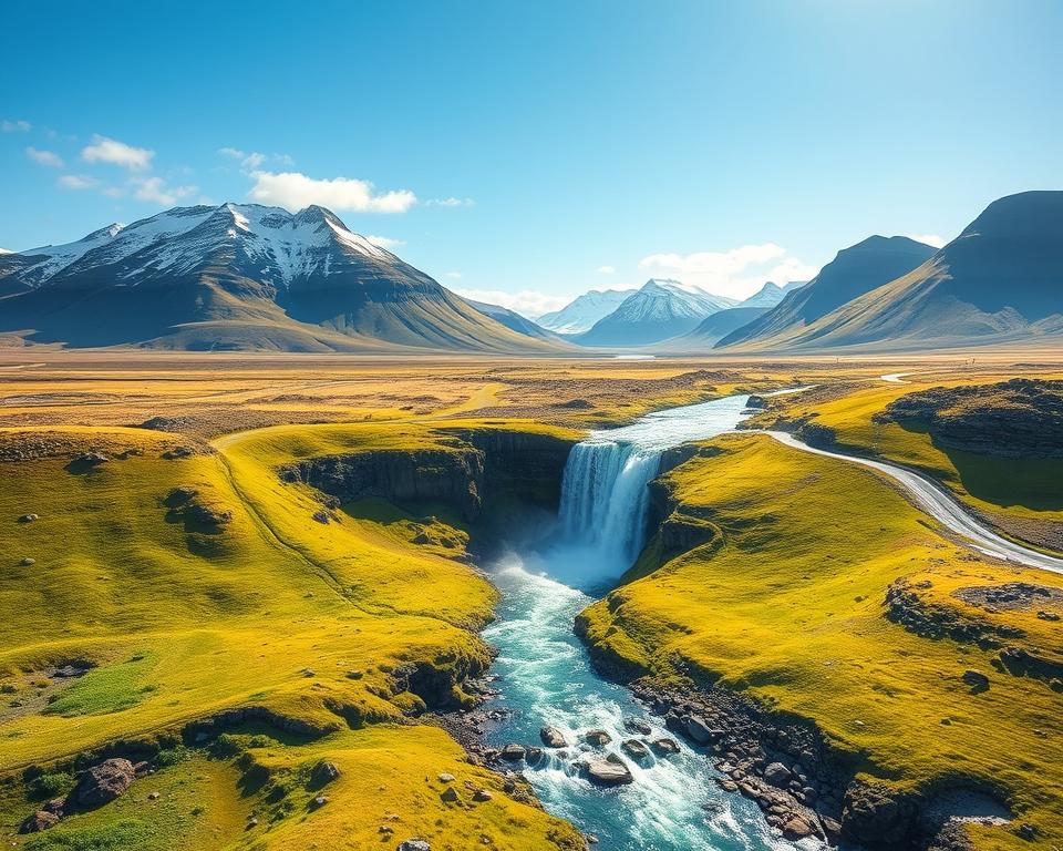 A detailed map illustration showing the location of Selfoss Wasserfall in Iceland. In the foreground, include a realistic topographic depiction of the surrounding landscape, highlighting the waterfall's position amidst lush greenery and rocky terrain. The middle ground should feature a close-up view of the cascading water, emphasizing its dramatic flow and frothy white spray. In the background, depict the majestic Icelandic mountains under a clear blue sky, with soft, warm sunlight illuminating the scene, creating a tranquil and inviting atmosphere. Use an aerial perspective to provide context on the waterfall's accessibility from nearby roads and trails. The mood should be serene and exploratory, capturing the beauty of nature and the allure of adventure.