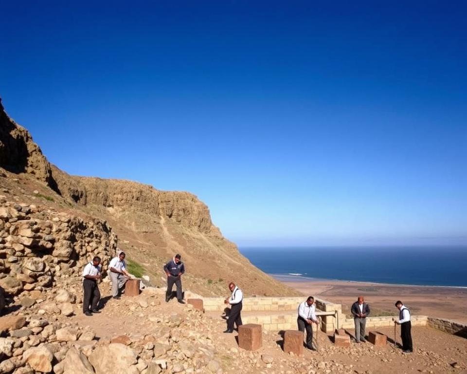 A detailed view of Steinbruch on Robben Island during the mid-20th century, showcasing a rocky quarry surrounded by rugged cliffs under a clear blue sky. In the foreground, include a group of six political prisoners dressed in modest, professional clothing, engaged in hard labor, chiseling stone and working together in a display of resilience and camaraderie. In the middle ground, depict the quarry tools and stone blocks, hinting at the daily grind of life behind bars. In the background, provide a distant view of the island’s desolate landscape with the ocean gently lapping at the shores, creating a stark contrast between the harsh labor and the serene natural beauty. Use soft, warm lighting to evoke a poignant atmosphere, capturing both the struggle and the hope of resistance.