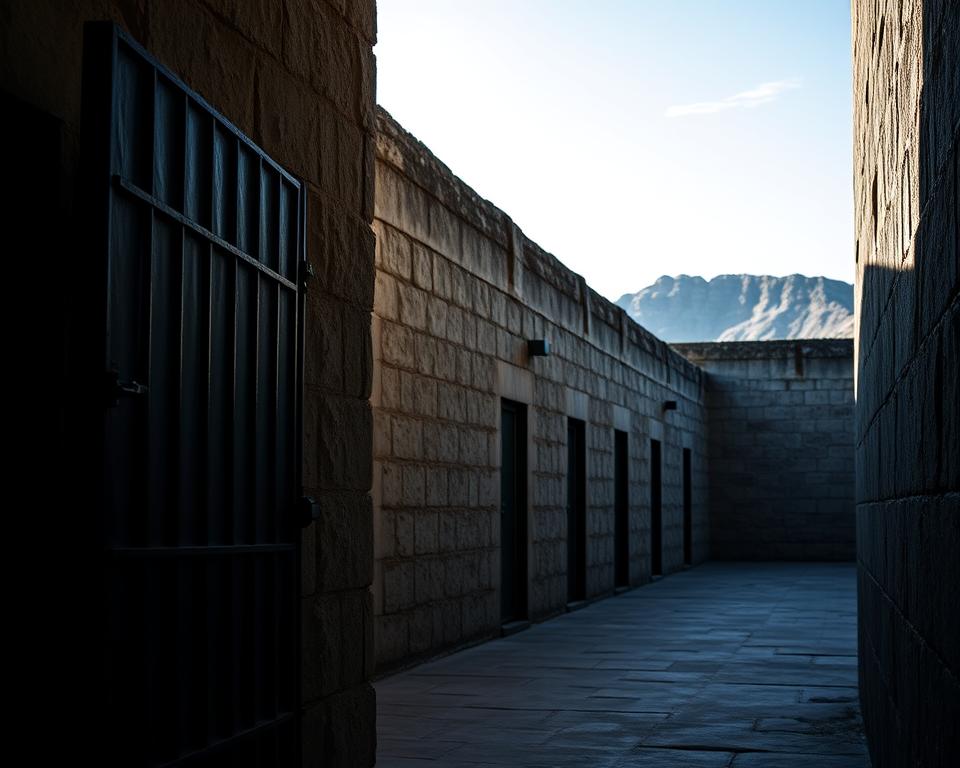 A detailed view of the Robben Island prison cell block, showcasing its iconic, austere architecture. In the foreground, highlight a sturdy iron door of a cell, slightly ajar, revealing the simple stone walls and a narrow window casting muted sunlight. In the middle ground, arrange several cell doors lined up in a corridor, with textured walls reflecting the building's history and wear. In the background, include the distant outline of the island's rocky terrain beneath a soft blue sky, suggesting its isolation. The lighting should be natural and dramatic, evoking a somber yet contemplative mood. Use a wide-angle lens to capture the breadth of the structure, emphasizing both the starkness of the prison and the poignant history it represents.