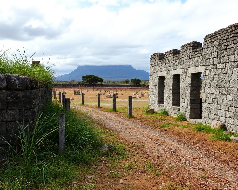 A historical depiction of Robben Island featuring the remnants of a leprosy quarantine station. In the foreground, show an old stone building with weathered walls, partially overgrown with wild grass, representing the isolation of the past. The middle ground includes a barren landscape with scattered stones and a few trees, suggesting neglect and abandonment. In the background, capture the distant silhouette of Table Mountain against a cloudy sky, adding depth and context to the image. Use soft, natural lighting to evoke a somber atmosphere, with shadows highlighting the texture of the stones. The scene should be captured from a slightly elevated angle, allowing viewers to appreciate the history and the eerie calm of this significant location.