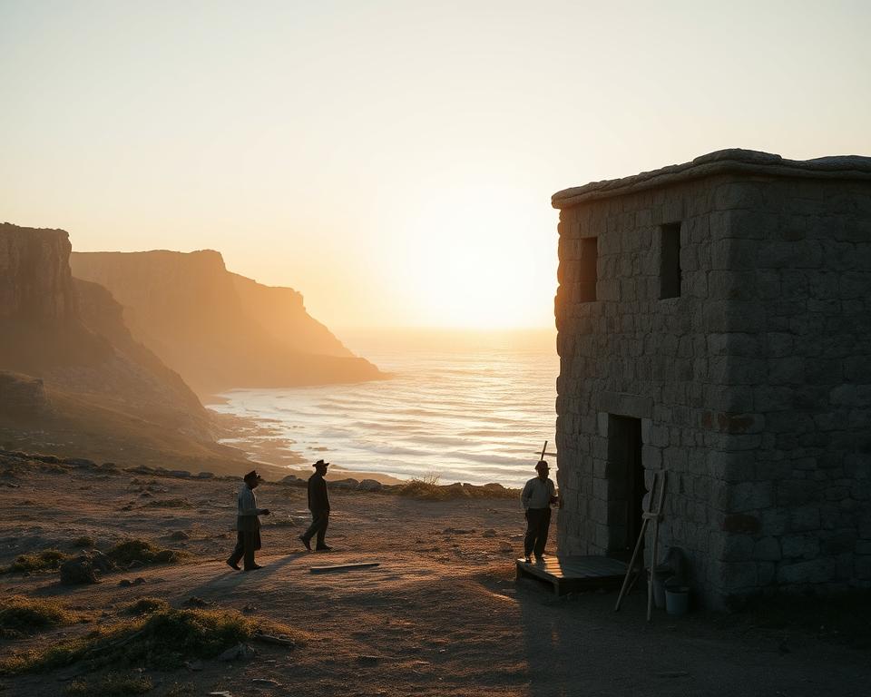 A historical scene depicting Robben Island during the colonial period. In the foreground, a rugged, weathered stone building stands, hinting at its use as a supply station, with a few colonial-era figures in modest clothing engaged in daily activities. The middle ground features a sparse landscape with scattered vegetation and rocky terrain, suggesting the harsh conditions of the island. The background showcases dramatic cliffs and distant ocean waves under a soft, golden sunset, casting warm light across the scene. The atmosphere is somber yet reflective, capturing the tension between the natural beauty of the island and its complex history. Use a wide-angle lens for depth, with soft focus on the figures and sharper detail on the architecture.