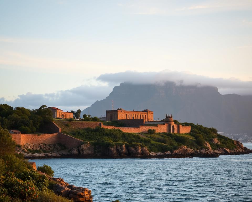 A panoramic view of Robben Island, captured under the golden glow of a late afternoon sun, reflecting its historical significance as a UNESCO World Heritage site. In the foreground, the stark silhouette of the island’s limestone quarry, where prisoners once toiled, is contrasted against lush green vegetation. In the middle ground, the historical prison buildings, featuring tall walls and barred windows, evoke a sense of resilience. The background showcases the majestic Table Mountain, shrouded in soft clouds, providing a dramatic backdrop. The atmosphere is somber yet inspiring, inviting reflection on the island's role in global history. The composition should have a slightly elevated angle, revealing the surrounding ocean waters gently lapping at the shore, with soft waves and a muted color palette conveying a tranquil mood. No human figures should be present in the image.