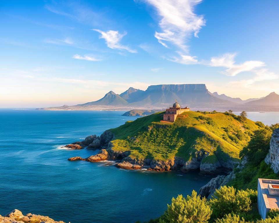A panoramic view of Robben Island, showcasing its rugged coastline and historical buildings prominently in the foreground. In the middle, depict the famous prison structure, surrounded by lush green vegetation and rocky terrain that adds texture to the landscape. In the background, the majestic Table Mountain rises against a clear blue sky, with wisps of clouds adding depth. The lighting should mimic the warm glow of the late afternoon sun, casting soft shadows and enhancing the overall tranquility of the scene. The atmosphere is serene yet imbued with a sense of history, inviting viewers to reflect on the island's significance. Aim for a wide-angle perspective to capture the dramatic landscape and its stunning natural beauty.