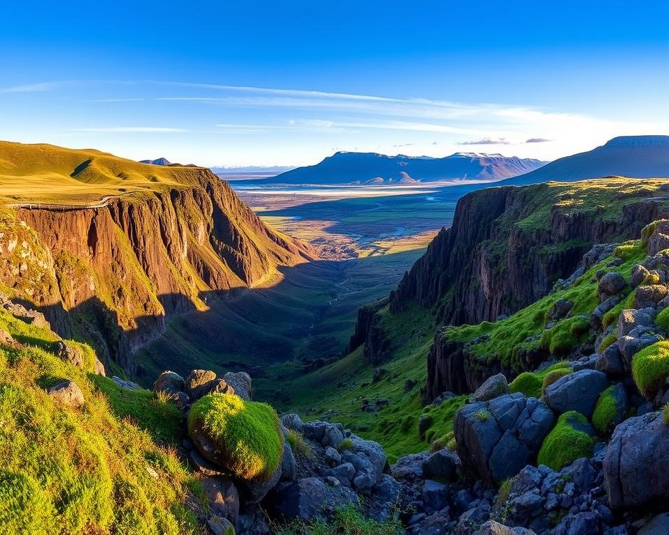 A panoramic view of Thingvellir National Park, showcasing a dramatic rift valley where the North American and Eurasian tectonic plates meet. In the foreground, vibrant moss-covered rocks and lush greenery contrast against a rugged landscape. The middle ground features stunning vantage points with wooden walkways leading to observation points that overlook the valley, with soft, golden sunlight illuminating the scene. In the background, majestic mountains rise under a clear blue sky, with a few wispy clouds adding depth to the atmosphere. The mood is tranquil and awe-inspiring, conveying the natural beauty and geological significance of this UNESCO World Heritage site. The image captures the essence of exploration and wonder in Iceland’s breathtaking landscapes. A panoramic view of Thingvellir National Park, showcasing a dramatic rift valley where the North American and Eurasian tectonic plates meet. In the foreground, vibrant moss-covered rocks and lush greenery contrast against a rugged landscape. The middle ground features stunning vantage points with wooden walkways leading to observation points that overlook the valley, with soft, golden sunlight illuminating the scene. In the background, majestic mountains rise under a clear blue sky, with a few wispy clouds adding depth to the atmosphere. The mood is tranquil and awe-inspiring, conveying the natural beauty and geological significance of this UNESCO World Heritage site. The image captures the essence of exploration and wonder in Iceland’s breathtaking landscapes.