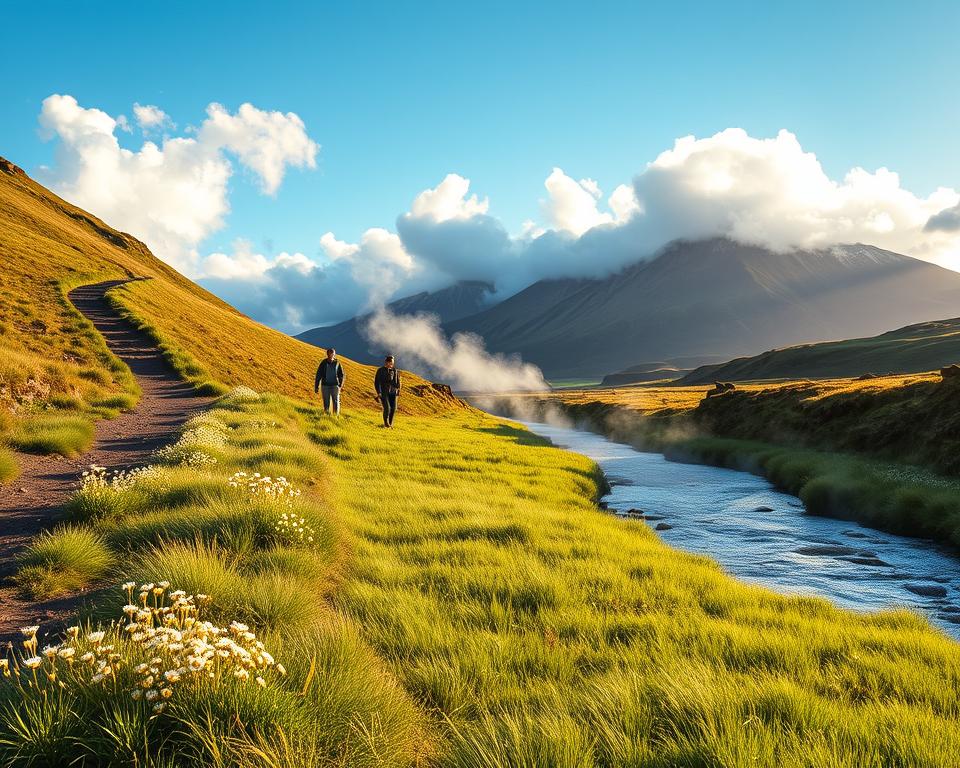 A picturesque landscape of Reykjadalur, showcasing the vibrant geothermal activity. In the foreground, a gently flowing hot river meanders through lush green grass, with steam rising in soft wisps. To the left, a well-trodden hiking path leads upward, bordered by wildflowers in bloom, inviting exploration. In the middle ground, inquisitive hikers, dressed in modest outdoor clothing, can be seen enjoying the serene environment, capturing the essence of a day trip. The background features majestic mountains, partially shrouded in mist, under a bright blue sky with fluffy white clouds. The scene is illuminated by the warm glow of the golden hour, casting long shadows and creating an inviting atmosphere of adventure and tranquility. The composition is broad, with a slight upward angle to emphasize the grandeur of the landscape.