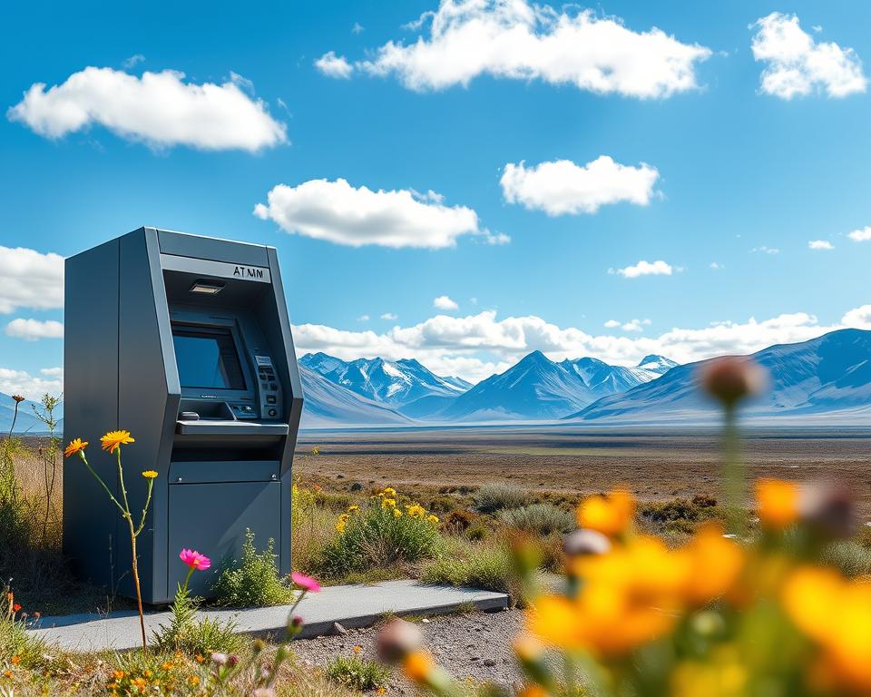 A picturesque scene depicting a modern ATM in Iceland, positioned prominently in the foreground with clear, crisp details. The ATM is sleek and designed for easy access, surrounded by a mix of colorful wildflowers native to the region. In the middle ground, a stunning vista of Icelandic mountains and a blue sky creates a dramatic backdrop, with soft clouds floating gently above. The lighting is bright and inviting, showcasing the natural beauty of the landscape during a sunny day. A sense of tranquility and reliability pervades the atmosphere, enticing travelers to utilize the ATM while experiencing the splendor of Iceland. The composition is framed with a slight tilt, emphasizing both the ATM and the breathtaking Icelandic scenery. No people are present, keeping the focus entirely on the ATM and the landscape.
