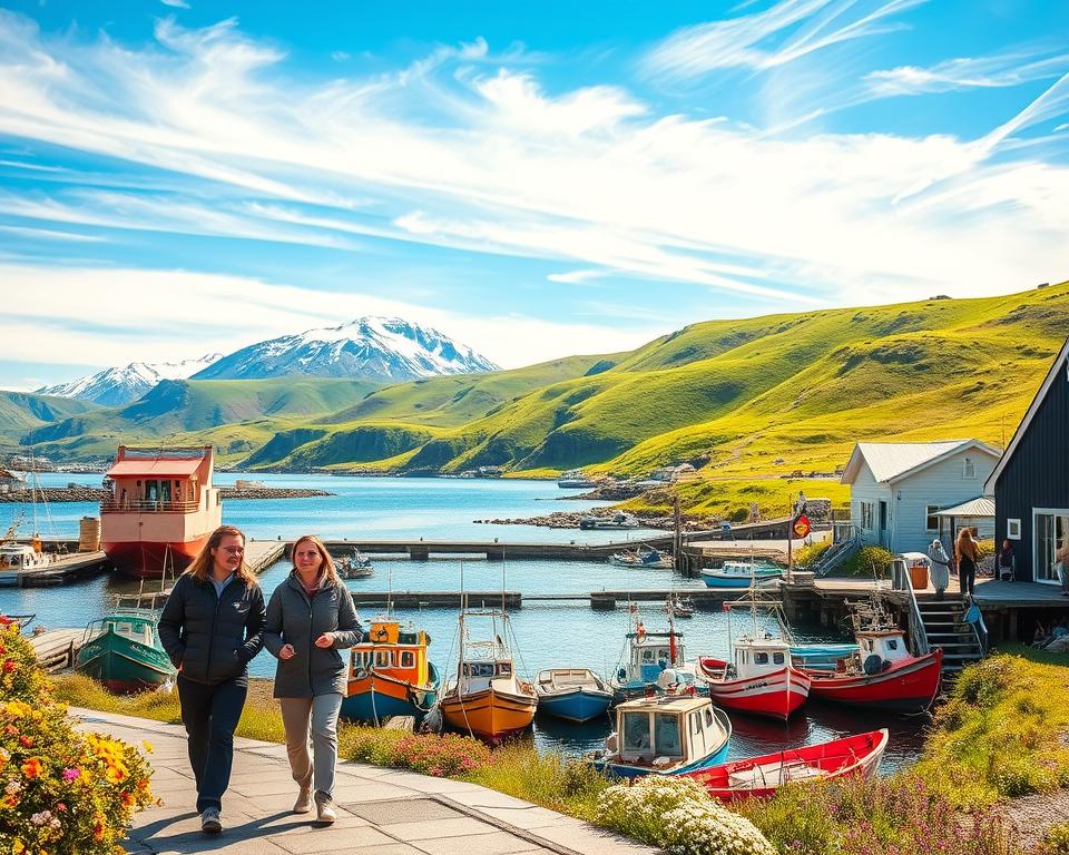 A picturesque scene of Siglufjörður, Iceland, showcasing sustainable travel in a vibrant, eco-friendly setting. In the foreground, a couple of tourists dressed in modest, casual clothing explore the quaint harbor filled with colorful fishing boats, actively engaging with local artisans selling handmade crafts. In the middle ground, lush green hills rise gently, dotted with wildflowers and trails for hiking, emphasizing a commitment to nature. The background features snow-capped mountains under a bright blue sky, with wispy clouds creating a serene atmosphere. Warm, natural sunlight bathes the scene, highlighting the tranquil waters of the fjord. Use a slightly elevated angle to capture the expansive beauty of the landscape, creating a mood of adventure and harmony with nature. A picturesque scene of Siglufjörður, Iceland, showcasing sustainable travel in a vibrant, eco-friendly setting. In the foreground, a couple of tourists dressed in modest, casual clothing explore the quaint harbor filled with colorful fishing boats, actively engaging with local artisans selling handmade crafts. In the middle ground, lush green hills rise gently, dotted with wildflowers and trails for hiking, emphasizing a commitment to nature. The background features snow-capped mountains under a bright blue sky, with wispy clouds creating a serene atmosphere. Warm, natural sunlight bathes the scene, highlighting the tranquil waters of the fjord. Use a slightly elevated angle to capture the expansive beauty of the landscape, creating a mood of adventure and harmony with nature.