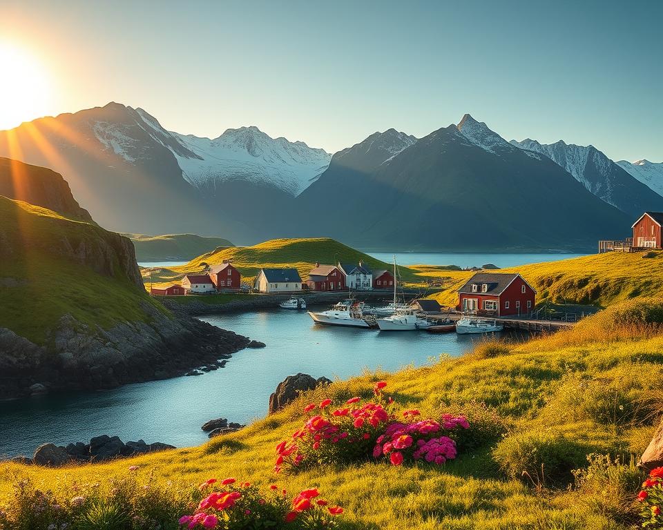 A picturesque scene of Trinkgeld Island, showcasing its lush green landscapes interspersed with rocky cliffs and vibrant wildflowers in the foreground. In the middle ground, a quaint fishing village with charming wooden houses, displaying a distinct Icelandic architectural style. A serene harbor dotted with colorful boats gently swaying on the clear blue waters. In the background, majestic mountains tower under a bright, clear sky, casting soft shadows over the land. The sun is setting, casting a warm golden hue across the island, evoking a tranquil and inviting atmosphere. The image captures the essence of Icelandic culture and hospitality, reflecting the themes of service and gratuity in a serene natural setting. Soft lighting enhances the mood, inviting viewers to imagine themselves in this idyllic location.