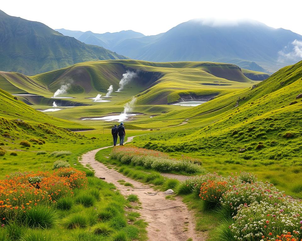 A picturesque scene of the Reykjadalur valley during a moderate hike to the thermal springs. In the foreground, a well-trodden hiking trail winds through lush green grass and colorful wildflowers, with a few hikers in modest outdoor attire enjoying the adventure. In the middle ground, gentle hills rise adorned with patches of vibrant moss and steam rising from hidden geothermal springs, creating an inviting yet mysterious ambiance. The background features dramatic mountains, their rugged contours softened by a light mist, under a soft, diffused daylight that highlights the natural beauty of the landscape. Capture this image with a wide-angle lens to emphasize the expansive scenery, evoking a sense of serenity and exploration, inviting viewers to imagine their journey to this hidden gem.