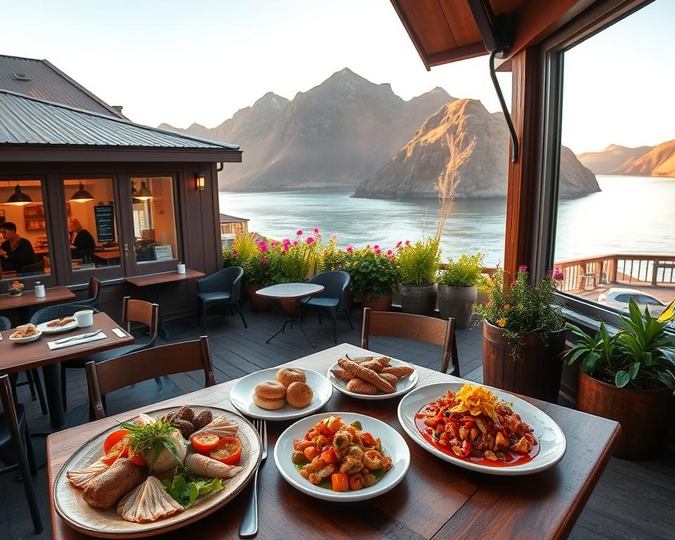 A picturesque view of Siglufjörður, Iceland, showcasing a cozy restaurant with outdoor seating, surrounded by stunning mountains and a tranquil fjord. In the foreground, beautifully plated traditional Icelandic dishes, such as fresh seafood and seasonal vegetables, are displayed on rustic wooden tables. Charming café interiors peek through the windows, filled with patrons enjoying coffee and pastries. The middle ground features vibrant flowers and greenery, while the backdrop reveals the dramatic cliffs and serene water reflecting soft, warm sunlight. The scene is captured with a wide-angle lens to emphasize the breathtaking landscape, creating a warm and inviting atmosphere ideal for culinary exploration. The lighting is golden, suggesting a late afternoon setting. No people are included in the image, maintaining focus on the delectable food and beautiful scenery. A picturesque view of Siglufjörður, Iceland, showcasing a cozy restaurant with outdoor seating, surrounded by stunning mountains and a tranquil fjord. In the foreground, beautifully plated traditional Icelandic dishes, such as fresh seafood and seasonal vegetables, are displayed on rustic wooden tables. Charming café interiors peek through the windows, filled with patrons enjoying coffee and pastries. The middle ground features vibrant flowers and greenery, while the backdrop reveals the dramatic cliffs and serene water reflecting soft, warm sunlight. The scene is captured with a wide-angle lens to emphasize the breathtaking landscape, creating a warm and inviting atmosphere ideal for culinary exploration. The lighting is golden, suggesting a late afternoon setting. No people are included in the image, maintaining focus on the delectable food and beautiful scenery.