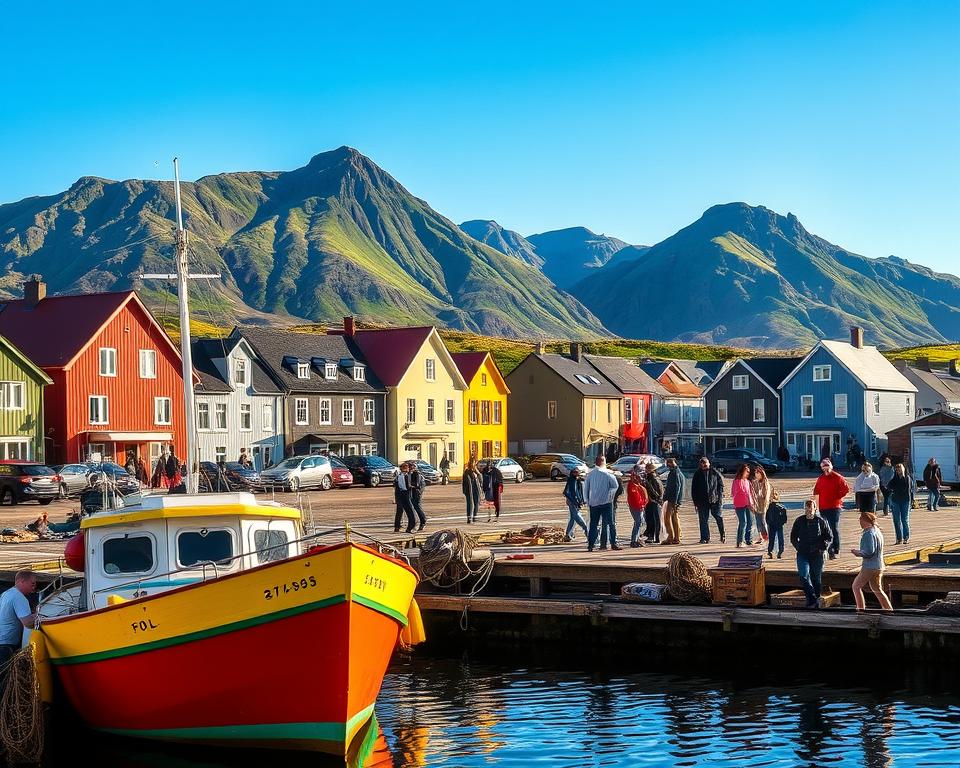 A picturesque view of Siglufjörður, Iceland, showcasing the blend of its rich fishing history and modern culture. In the foreground, a traditional Icelandic fishing boat with colorful hues is docked at a quaint harbor, surrounded by fishing nets and crates. The middle ground features charming historical buildings in various shades, reminiscent of the town's fishing boom, with people in modest casual clothing engaging in community activities. In the background, majestic mountains covered in greenery rise under a clear blue sky, with soft sunlight illuminating the scene, creating a warm and inviting atmosphere. The lens angle captures the hustle of daily life against the scenic landscape, reflecting a vibrant yet tranquil mood. A picturesque view of Siglufjörður, Iceland, showcasing the blend of its rich fishing history and modern culture. In the foreground, a traditional Icelandic fishing boat with colorful hues is docked at a quaint harbor, surrounded by fishing nets and crates. The middle ground features charming historical buildings in various shades, reminiscent of the town's fishing boom, with people in modest casual clothing engaging in community activities. In the background, majestic mountains covered in greenery rise under a clear blue sky, with soft sunlight illuminating the scene, creating a warm and inviting atmosphere. The lens angle captures the hustle of daily life against the scenic landscape, reflecting a vibrant yet tranquil mood.