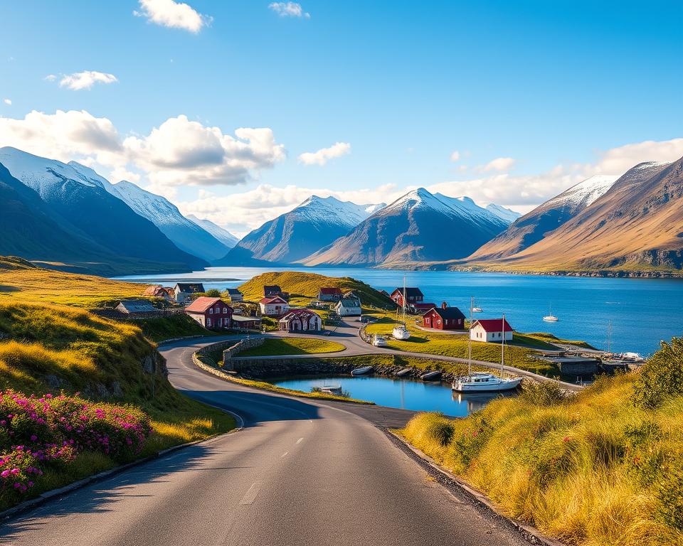 A picturesque view of Siglufjörður, Iceland, showcasing the serene fjord surrounded by towering mountains. In the foreground, a winding road leads into the village, lined with vibrant flowers and lush greenery, enticing travelers. The middle ground features traditional Icelandic houses with colorful roofs perched on the hillsides, while small fishing boats gently bob in the calm water of the fjord. In the background, majestic snow-capped peaks rise under a bright blue sky dotted with soft white clouds. The scene is bathed in warm, golden sunlight, evoking a sense of tranquility and adventure. Capture this scene from a slightly elevated angle, emphasizing the harmonious blend of nature and community, perfect for illustrating the journey to this idyllic destination. A picturesque view of Siglufjörður, Iceland, showcasing the serene fjord surrounded by towering mountains. In the foreground, a winding road leads into the village, lined with vibrant flowers and lush greenery, enticing travelers. The middle ground features traditional Icelandic houses with colorful roofs perched on the hillsides, while small fishing boats gently bob in the calm water of the fjord. In the background, majestic snow-capped peaks rise under a bright blue sky dotted with soft white clouds. The scene is bathed in warm, golden sunlight, evoking a sense of tranquility and adventure. Capture this scene from a slightly elevated angle, emphasizing the harmonious blend of nature and community, perfect for illustrating the journey to this idyllic destination.