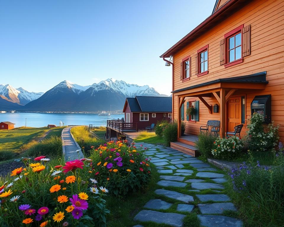 A picturesque view of "Unterkunft Siglufjörður," showcasing a cozy guesthouse nestled in the heart of the charming village of Siglufjörður, Iceland. In the foreground, vibrant wildflowers bloom alongside a quaint pathway leading to the guesthouse's entrance, adorned with wooden accents and colorful window frames. The middle ground features the guesthouse, a two-story structure painted in warm, inviting colors, with a welcoming porch surrounded by lush greenery. In the background, dramatic snow-capped mountains and a tranquil fjord reflect the clear blue sky. The scene is lit by soft evening sunlight, creating a warm and inviting atmosphere, evoking a sense of relaxation and tranquility. The angle is slightly elevated, capturing both the beauty of the surroundings and the charm of the accommodation. A picturesque view of "Unterkunft Siglufjörður," showcasing a cozy guesthouse nestled in the heart of the charming village of Siglufjörður, Iceland. In the foreground, vibrant wildflowers bloom alongside a quaint pathway leading to the guesthouse's entrance, adorned with wooden accents and colorful window frames. The middle ground features the guesthouse, a two-story structure painted in warm, inviting colors, with a welcoming porch surrounded by lush greenery. In the background, dramatic snow-capped mountains and a tranquil fjord reflect the clear blue sky. The scene is lit by soft evening sunlight, creating a warm and inviting atmosphere, evoking a sense of relaxation and tranquility. The angle is slightly elevated, capturing both the beauty of the surroundings and the charm of the accommodation.