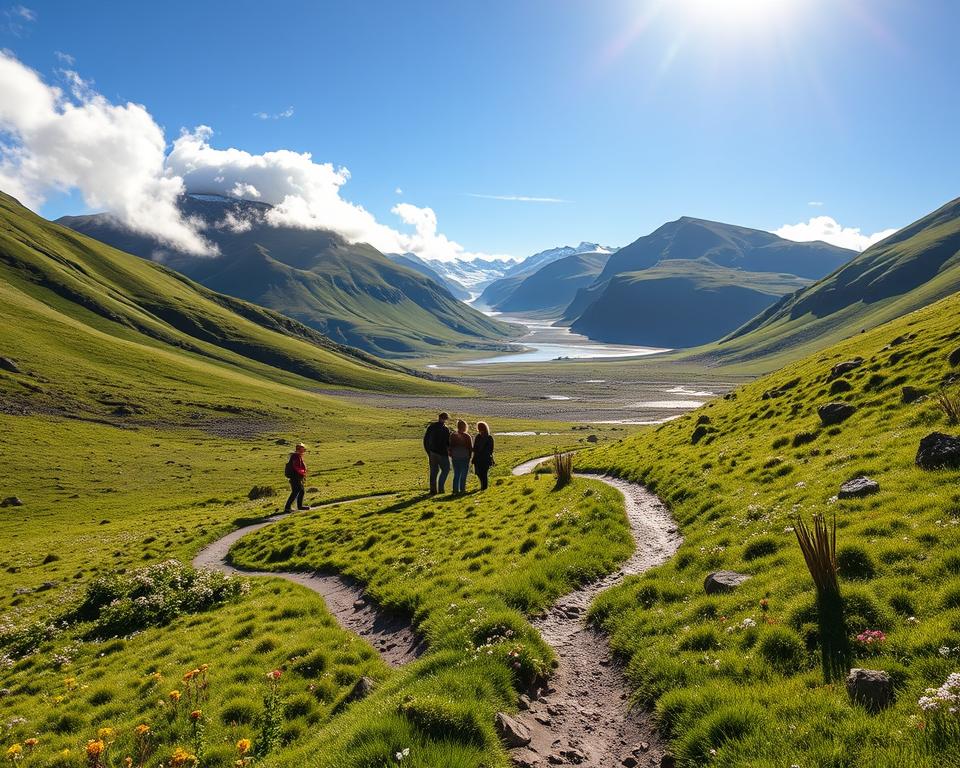 A picturesque view of the Reykjadalur valley, capturing the essence of the journey to the thermal hot springs. In the foreground, a winding path leads through lush, green hills, dotted with wildflowers and native plants, inviting travelers to explore. The middle ground features small groups of hikers in modest, casual outdoor attire, engaged in conversation as they walk towards the steaming geothermal area. In the background, dramatic mountains rise, partially shrouded in mist, under a vibrant blue sky illuminated by soft sunlight creating a warm atmosphere. The overall mood is adventurous yet serene, evoking the tranquil beauty of nature. Use a wide-angle lens to capture the expansive landscape, with gentle shadows to reflect the afternoon light. No text or watermarks present.