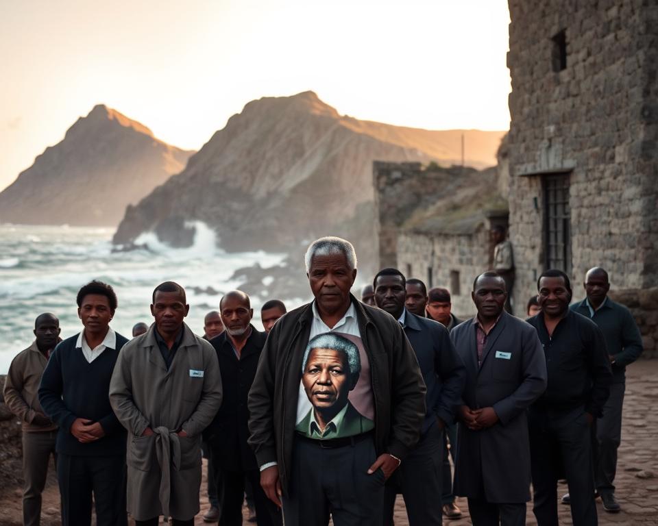 A poignant scene of Robben Island during the 1980s, capturing the stark landscape of the island with its rugged cliffs and crashing waves in the background. In the foreground, a group of political prisoners, including a portrait of Nelson Mandela, stands together, dressed in modest, respectful clothing. Their expressions convey resilience and hope, set against the harsh realities of confinement. The middle ground features the prison building with its worn stone walls, while the lighting is soft, evoking a somber yet hopeful atmosphere, as if the sun is setting behind the cliffs, casting long shadows. The scene is captured from a slightly elevated angle, emphasizing both the island's isolation and the strength of the individuals portrayed. The mood is one of reflection and perseverance.