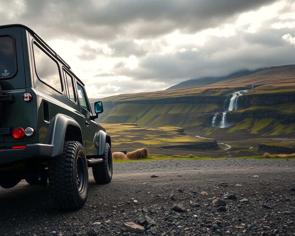 A rugged 4x4 rental vehicle parked on a gravel road surrounded by Iceland's breathtaking landscapes. In the foreground, showcase the shiny exterior of the 4x4 with prominent features like off-road tires and a sturdy build. The middle ground features a dramatic view of the Icelandic wilds, with moss-covered lava fields, rolling hills, and distant waterfalls cascading down rocky cliffs. The background reveals a cloudy sky with dramatic lighting, casting shadows over the landscape, creating an adventurous mood. Use a softly diffused natural light to highlight the textures of the vehicle and surroundings. The angle should be slightly low, emphasizing the 4x4’s capabilities against the stunning backdrop of nature's wonders.