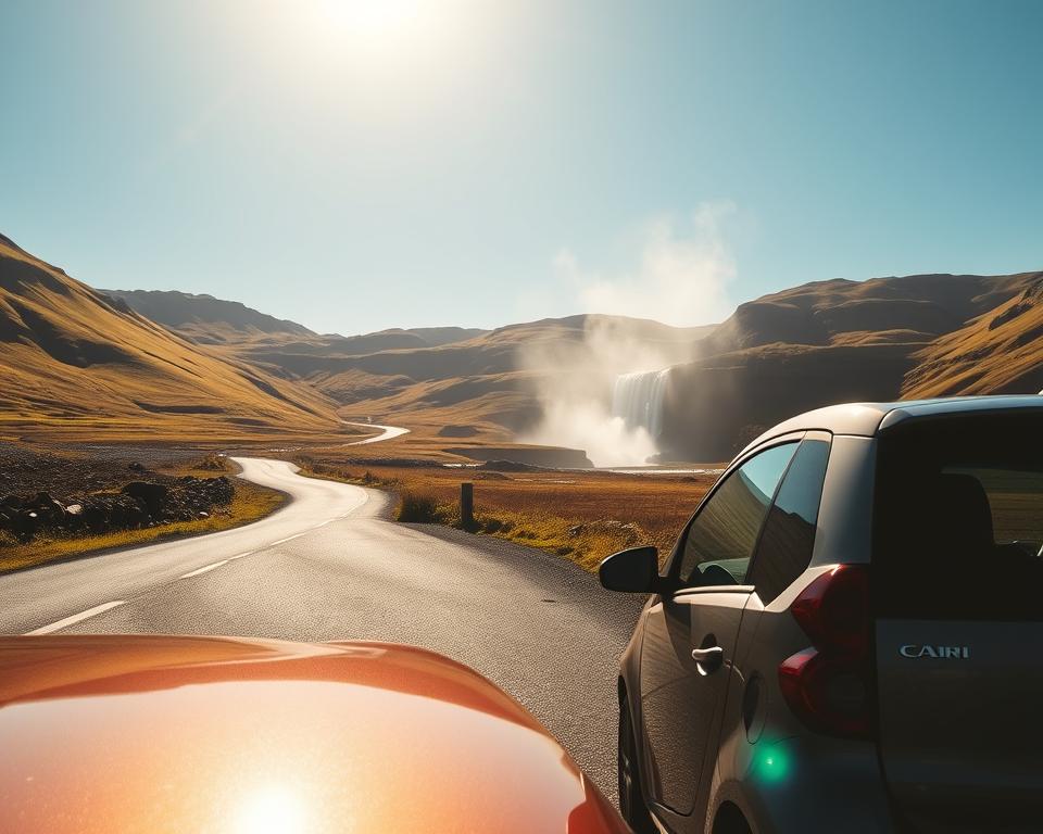 A scenic road in Iceland, winding through a dramatic landscape. In the foreground, a compact car with a reflective surface parked near a viewpoint, showcasing its sleek design. In the middle ground, the road is flanked by lush green hills and rugged mountains under a clear blue sky. The background reveals a stunning waterfall cascading down rocks, with a rainbow forming in the mist. Soft, warm sunlight bathes the scene in a golden glow, enhancing the vibrant colors of nature. The atmosphere is tranquil yet adventurous, inviting viewers to explore Iceland's natural wonders while emphasizing the importance of safety during road trips. Capture this scene with a wide-angle lens to showcase the expanse of the surroundings and an inviting perspective.
