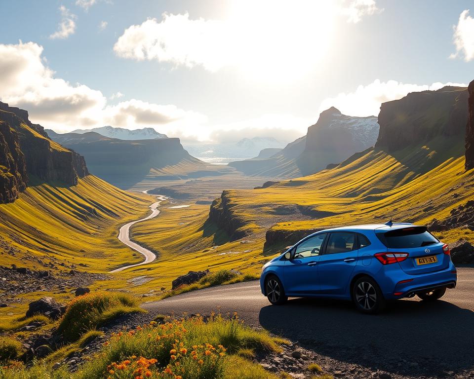 A scenic road winding through the rugged landscapes of Iceland, showcasing dramatic cliffs and lush green valleys. In the foreground, a vibrant blue rental car parked on the road, surrounded by wildflowers and rocky terrain. The middle ground features the winding route disappearing into the distance, flanked by stunning volcanic formations and cascading waterfalls. In the background, towering glaciers under a bright sky, with soft, fluffy clouds illuminated by the warm, golden light of a late afternoon sun. The atmosphere is adventurous and serene, inviting the viewer to explore the natural wonders of the island. Capture this breathtaking scenery from a slightly elevated angle, emphasizing the beauty of the landscape and the journey ahead.