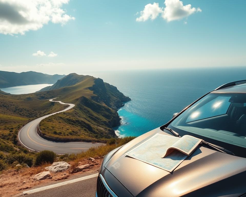 A scenic view of Kosten Island, showcasing a vibrant landscape ideal for a road trip. In the foreground, a modern, sleek car parked beside a winding coastal road, with an open map on the hood, symbolizing adventure. In the middle ground, lush green hills and rugged cliffs rise dramatically from the coastline, while a beautiful blue ocean sparkles under the golden sunlight. The background features a clear sky with fluffy white clouds, enhancing the serene atmosphere of exploration. Capture this scene from a slightly elevated angle to emphasize the winding road and the car, conveying a sense of freedom and discovery in nature. The overall mood is inviting and adventurous, perfect for travelers seeking to explore natural wonders.