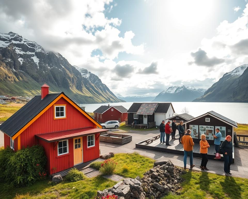 A scenic view of Siglufjördur, North Iceland, showcasing its stunning fjord surrounded by majestic, snow-capped mountains. In the foreground, a charming traditional Icelandic house painted in bright colors sits near the water's edge, adorned with lush greenery and vibrant flowers. In the middle ground, visitors dressed in modest casual clothing explore a quaint local museum, interacting with exhibits about the town's rich fishing history. The background features dramatic cliffs and a partly cloudy sky, with sunlight filtering through, casting a warm glow over the landscape. Capture this serene atmosphere in a wide-angle shot, emphasizing the beauty of nature and human curiosity. A scenic view of Siglufjördur, North Iceland, showcasing its stunning fjord surrounded by majestic, snow-capped mountains. In the foreground, a charming traditional Icelandic house painted in bright colors sits near the water's edge, adorned with lush greenery and vibrant flowers. In the middle ground, visitors dressed in modest casual clothing explore a quaint local museum, interacting with exhibits about the town's rich fishing history. The background features dramatic cliffs and a partly cloudy sky, with sunlight filtering through, casting a warm glow over the landscape. Capture this serene atmosphere in a wide-angle shot, emphasizing the beauty of nature and human curiosity.
