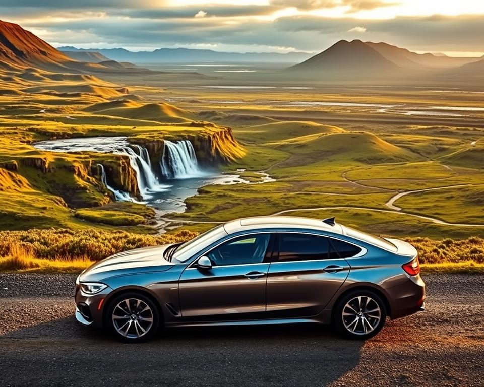 A scenic view of the Golden Circle in Iceland featuring a rented car parked on a gravel road, with lush green landscapes and rugged mountains in the background. The foreground includes the car, emphasizing its sleek design, illuminated by soft, natural lighting that captures the golden hour glow. In the middle ground, showcase the striking contrast of waterfalls and geothermal features, surrounded by vibrant flora. The background reveals a panoramic view of the iconic Þingvellir National Park, with its unique geological formations. The atmosphere is serene and adventurous, inviting exploration of Iceland's natural wonders, ideal for travelers contemplating their vehicle choice for an unforgettable journey. A scenic view of the Golden Circle in Iceland featuring a rented car parked on a gravel road, with lush green landscapes and rugged mountains in the background. The foreground includes the car, emphasizing its sleek design, illuminated by soft, natural lighting that captures the golden hour glow. In the middle ground, showcase the striking contrast of waterfalls and geothermal features, surrounded by vibrant flora. The background reveals a panoramic view of the iconic Þingvellir National Park, with its unique geological formations. The atmosphere is serene and adventurous, inviting exploration of Iceland's natural wonders, ideal for travelers contemplating their vehicle choice for an unforgettable journey.