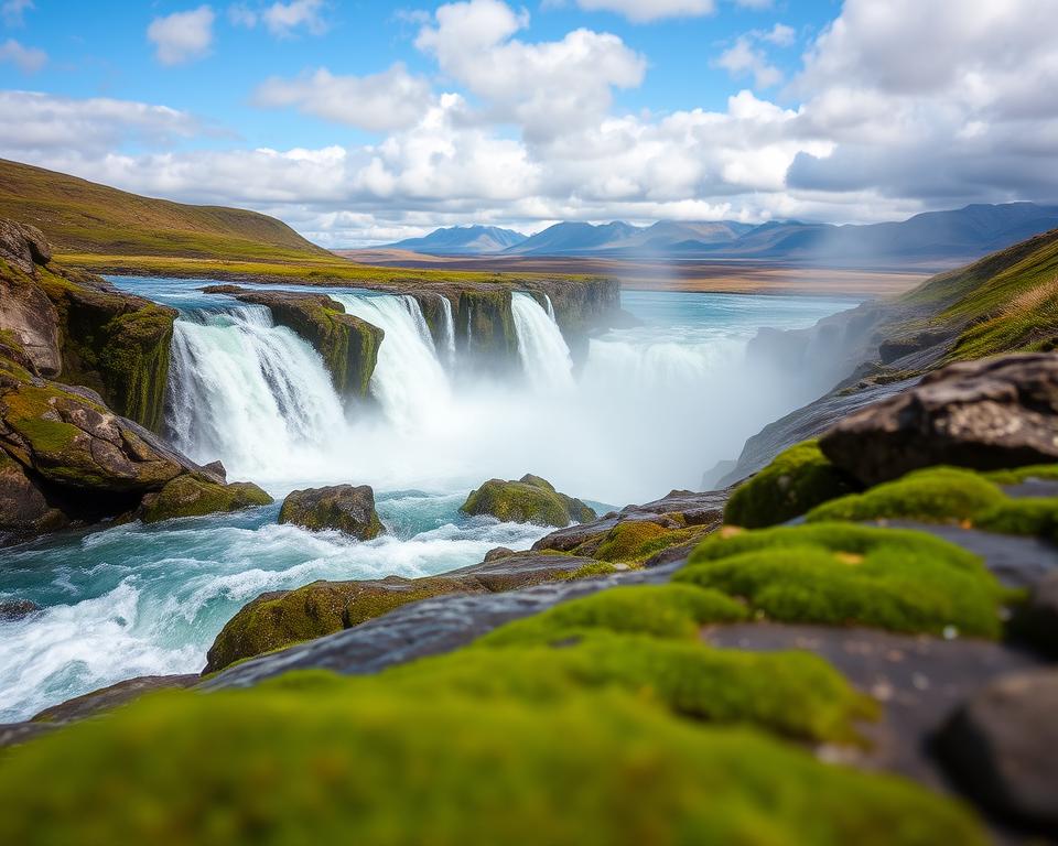 A scenic view of the Selfoss Waterfall in Iceland, capturing the vibrant cascades of water tumbling over rugged cliffs. In the foreground, green moss and smooth stones frame the scene, while gentle waves flow towards the viewer. The middle ground features the powerful waterfall, with mist rising from the crashing water, creating a sense of motion and energy. In the background, the dramatic Icelandic landscape unfolds, showcasing distant mountains under a clear blue sky filled with soft, fluffy clouds. The natural light enhances the shimmering water and lush greenery, evoking an atmosphere of tranquility and adventure. The angle is slightly elevated, providing a panoramic view that invites exploration.