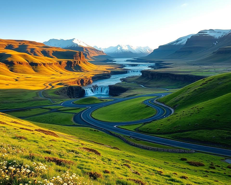 A scenic view of the iconic Golden Circle in Iceland, showcasing a winding road surrounded by breathtaking landscapes. In the foreground, vibrant green fields with patches of wildflowers, inviting travelers to explore. The middle ground features the famous Þingvellir National Park, with dramatic cliffs and crystal-clear water flowing through the rift valley. In the background, majestic waterfalls and snow-capped mountains under a clear blue sky, illuminated by soft, warm sunlight suggesting an early morning. The atmosphere is tranquil yet adventurous, evoking the excitement of a self-drive tour. A distant car on the road hints at exploration and adventure. The image captures the essence of natural beauty and the thrill of discovery, with a focus on peaceful and exhilarating travel experiences.