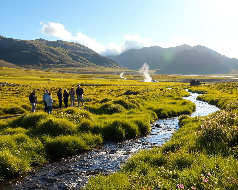 A serene and lush landscape of Reykjadalur, Iceland, showcasing the beauty of nature conservation. In the foreground, a gently flowing thermal river surrounded by vibrant green grass and wildflowers, with a few tourists in modest casual clothing observing the scenery, ensuring the preservation of the area. The middle ground features rugged hills dotted with patches of geothermal steam rising, while the background reveals majestic mountains partially shrouded in soft clouds. The scene is bathed in warm, golden sunlight of a late afternoon, creating an inviting and tranquil atmosphere. Capture the overall mood of harmony between humans and nature, with a focus on sustainable interaction and appreciation for the environment. Shot with a wide-angle lens to encompass the grandeur of the landscape.