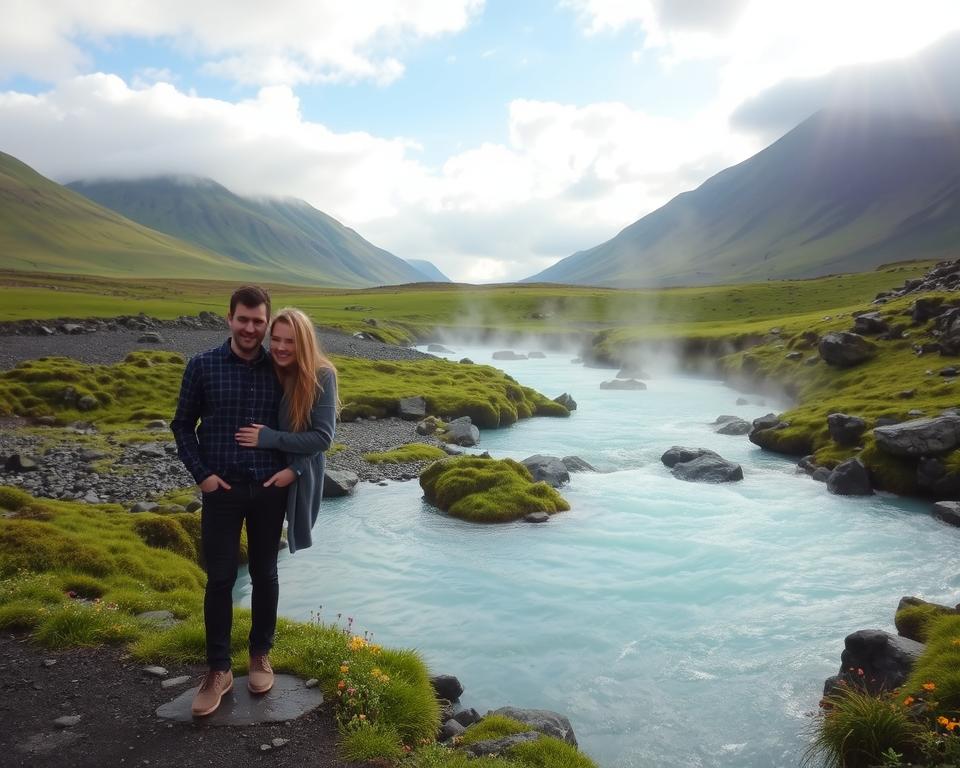 A serene and picturesque scene at the Reykjadalur hot spring thermal river, showcasing the vibrant turquoise waters flowing gently through a lush green valley. In the foreground, a couple dressed in modest casual clothing is relaxing by the riverbank, their faces reflecting tranquility and excitement. The middle ground features the steaming thermal river, surrounded by soft, moss-covered rocks and patches of colorful wildflowers. In the background, majestic mountains loom under a partly cloudy sky, with soft rays of sunlight breaking through, illuminating the scene with a warm glow. The atmosphere is peaceful and inviting, capturing the essence of a unique natural experience in Iceland. The image should have a slightly elevated angle to capture the depth of the landscape while ensuring the foreground is clearly visible.
