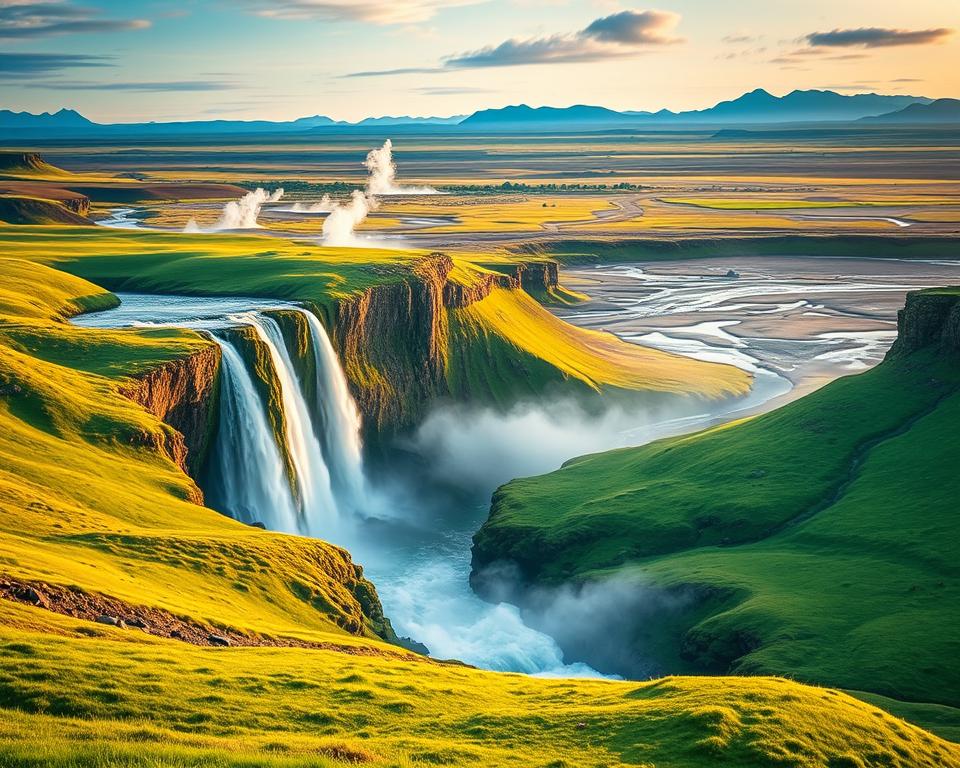 A serene landscape capturing the Golden Circle in Iceland, devoid of tourists. In the foreground, gently rolling green hills leading to the striking Gullfoss waterfall, cascading down in ethereal layers. In the middle ground, vivid geothermal geysirs with steaming vents and colorful mineral deposits contrasting with the lush greenery. The Þingvellir National Park, showcasing its fissures and unique geology, stretches into the background, framed by distant, rugged mountains. The scene is lit by soft, golden sunlight, casting warm hues across the landscape. A slight mist hovers over the water, enhancing the tranquil atmosphere. The composition emphasizes wide-angle views to create a sense of depth and vastness, evoking a peaceful, untouched wilderness that invites exploration and contemplation.