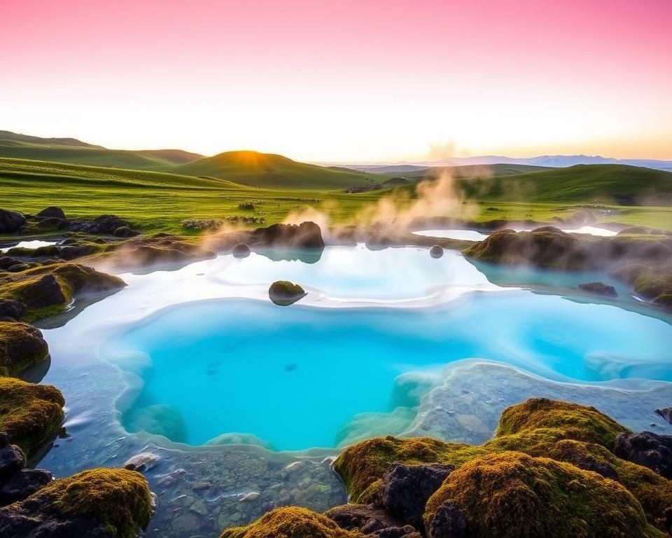 A serene landscape featuring the hot springs near Hveragerði, Iceland. In the foreground, vibrant geothermal pools with crystal-clear turquoise water, surrounded by moss-covered rocks. A gentle steam rises from the hot springs, creating a mystical atmosphere. In the middle ground, lush green hills dotted with wildflowers stretch towards the horizon. Above, the sky is a soft pastel blend of pink and orange, indicating a warm sunset. In the background, faint silhouettes of distant mountains loom, adding depth to the scene. The lighting is warm and inviting, with the sun casting a golden glow over the landscape. The overall mood is tranquil and rejuvenating, perfect for showcasing Iceland's natural beauty.