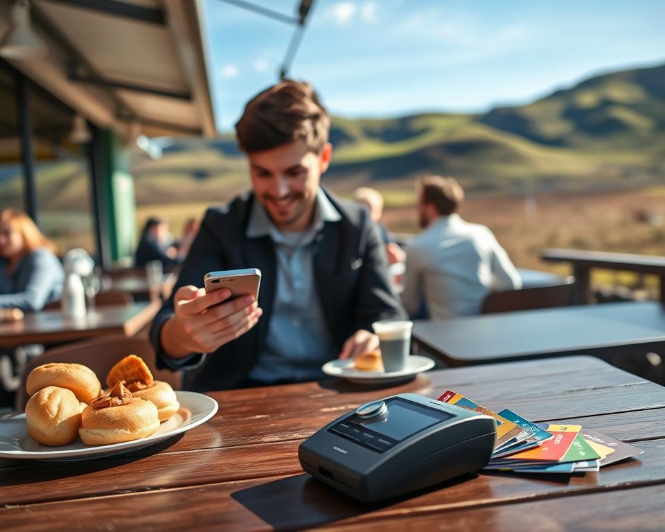 A serene landscape of Iceland showcasing a bustling outdoor cafe with patrons engaging in modern payment methods. In the foreground, a young professional couple, dressed in smart casual attire, are using a smartphone for mobile payment at a table adorned with Icelandic pastries. The middle ground features a sleek card reader and an array of colorful debit and credit cards, symbolizing the diverse payment options available. In the background, the stunning Icelandic scenery is visible, with lush green hills and a clear blue sky, enhancing the scene's tranquility. Soft, natural daylight illuminates the setting, casting gentle shadows. The atmosphere is friendly and inviting, capturing the essence of modern financial transactions in a picturesque island setting.