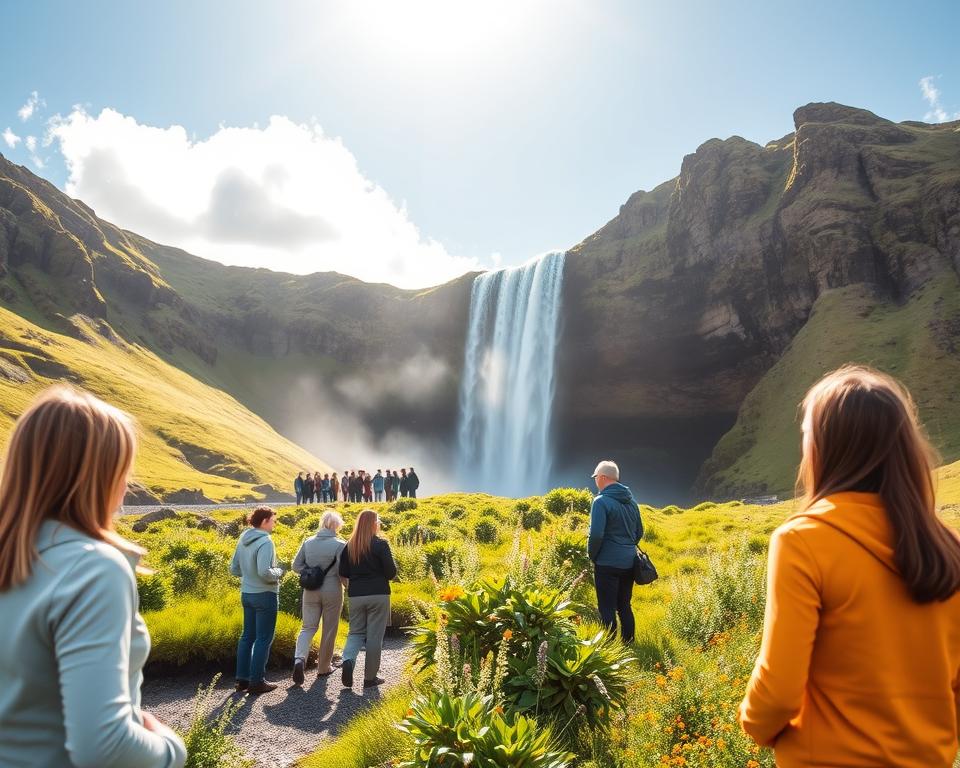 A serene landscape of Iceland's Seljalandsfoss waterfall, showcasing sustainable travel practices. In the foreground, a small group of eco-conscious travelers in modest outdoor clothing admire the cascading water, capturing the beauty of nature. The middle ground features lush greenery and vibrant wildflowers, emphasizing the untouched environment around the waterfall. In the background, dramatic cliffs rise under a clear blue sky, with soft sunlight filtering through scattered clouds, creating a tranquil atmosphere. The scene conveys a sense of harmony between humanity and nature, highlighting the importance of preserving Iceland's stunning landscapes. The photographic perspective is a slightly elevated angle, allowing for a panoramic view of the waterfall and surrounding scenery, evoking a feeling of adventure and respect for the environment.