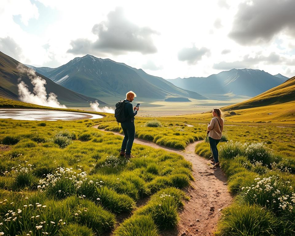 A serene landscape of Reykjadalur Valley, emphasizing the essence of safety in nature. In the foreground, a winding trail leads through lush, green grass dotted with wildflowers, inviting exploration. To one side, steaming hot springs bubble and shimmer under soft sunlight, hinting at geothermal activity. The middle ground features hikers dressed in modest casual clothing, carefully navigating the path while studying the weather forecast on a smartphone, showcasing the importance of preparedness. In the background, majestic mountains rise under a partly cloudy sky, with patches of sunlight illuminating the slopes. The mood is peaceful, reflecting a sense of adventure and respect for the natural environment. Use natural lighting with a warm golden hue to enhance the inviting atmosphere. A wide-angle perspective captures the expansive beauty and tranquility of this unique landscape.