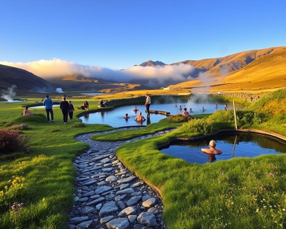 A serene landscape showcasing the Reykjadalur hot springs in Iceland, framed by lush green hills and gently rising steam. In the foreground, a winding path leads to the hot springs, dotted with small stones and patches of wildflowers. The middle ground features people wearing modest casual clothing, enjoying the warm water, with vibrant towels and nature surrounding them. In the background, misty mountains rise under a clear blue sky, bathed in soft golden sunlight, conveying a peaceful atmosphere. Capture the essence of relaxation and nature, emphasizing warmth and tranquility. The image should have natural lighting, showcasing the interplay of shadows and highlights in the landscape, taken from a slightly elevated angle for depth.