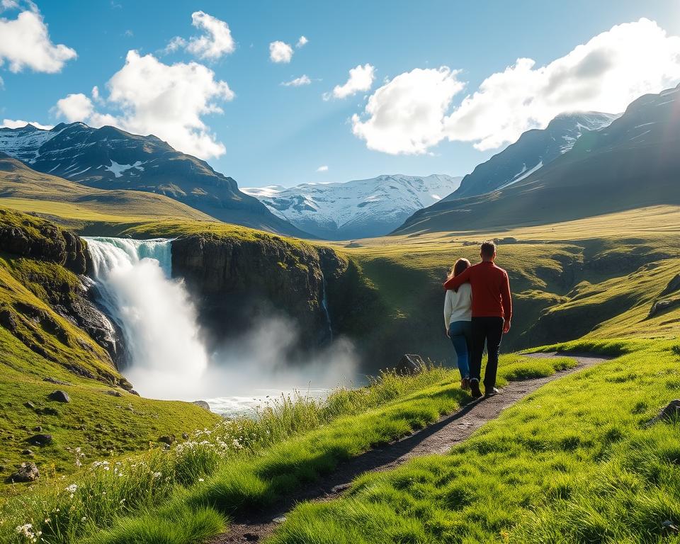 A serene landscape showcasing the Selfoss waterfall in Iceland during a tranquil afternoon. In the foreground, a narrow, winding path meanders through vibrant green grass dotted with wildflowers, while a couple in modest casual clothing strolls closely together, admiring the view. In the middle ground, the powerful waterfall cascades dramatically over rocky cliffs, sending mist into the air that catches the sunlight, creating a soft rainbow effect. The background features rugged mountains cloaked in patches of snow, with a clear blue sky above, scattered with fluffy white clouds. The lighting is soft and natural, enhancing the colors of the scene, evoking a sense of peace and awe at the beauty of nature.